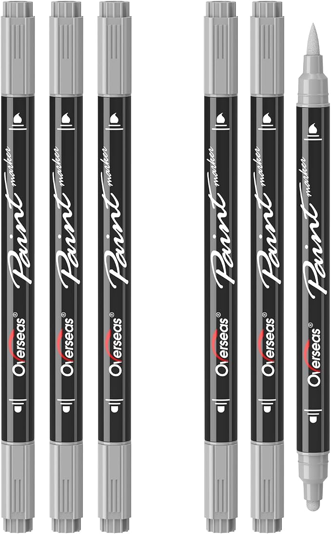 Overseas 6 Silver Acrylic Paint Markers, Dual Tip Paint Pens Acrylic Marker | by Overseas