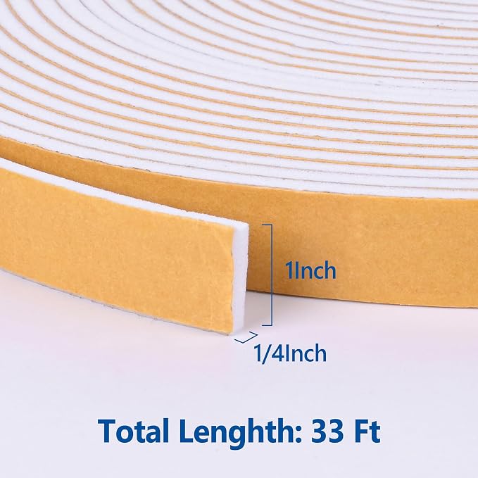 Kikerike Self Adhesive Foam Tape Weatherstrip 1in x 1/4in x 33Ft High Density - Image 2