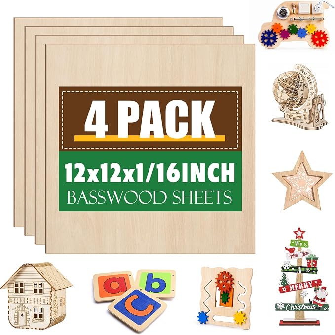 4 Pack Basswood Sheets 1/16x12x12 Inch, 1/16 Basswood by ESRICH