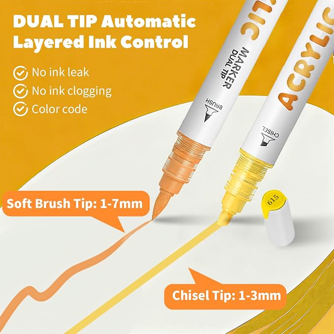 Yellow Orange Acrylic Paint Pens, Water Based 12 Colors Dual Tip Acrylic Paint - Image 3