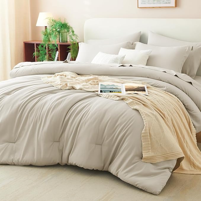 CozyLux Queen Comforter Set Beige, 7 Pieces Bed in a Bag Queen Comforter Set by CozyLux