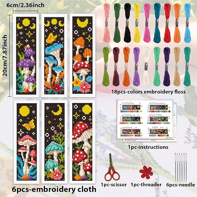 ACRNIGHEET 6PCS Cross Stitch Bookmark Kits Mushroom Pattern Stamped Cross - Image 2