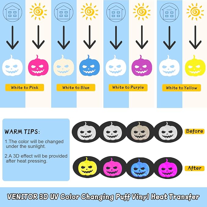 Color Changing Puff Vinyl Heat Transfer 3D Foaming Vinyl-6 Sheets 12''x 10'' - Image 3