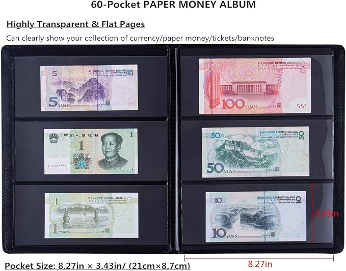 Ettonsun Leather 60-Pocket Paper Money Album Currency Holders - Image 3