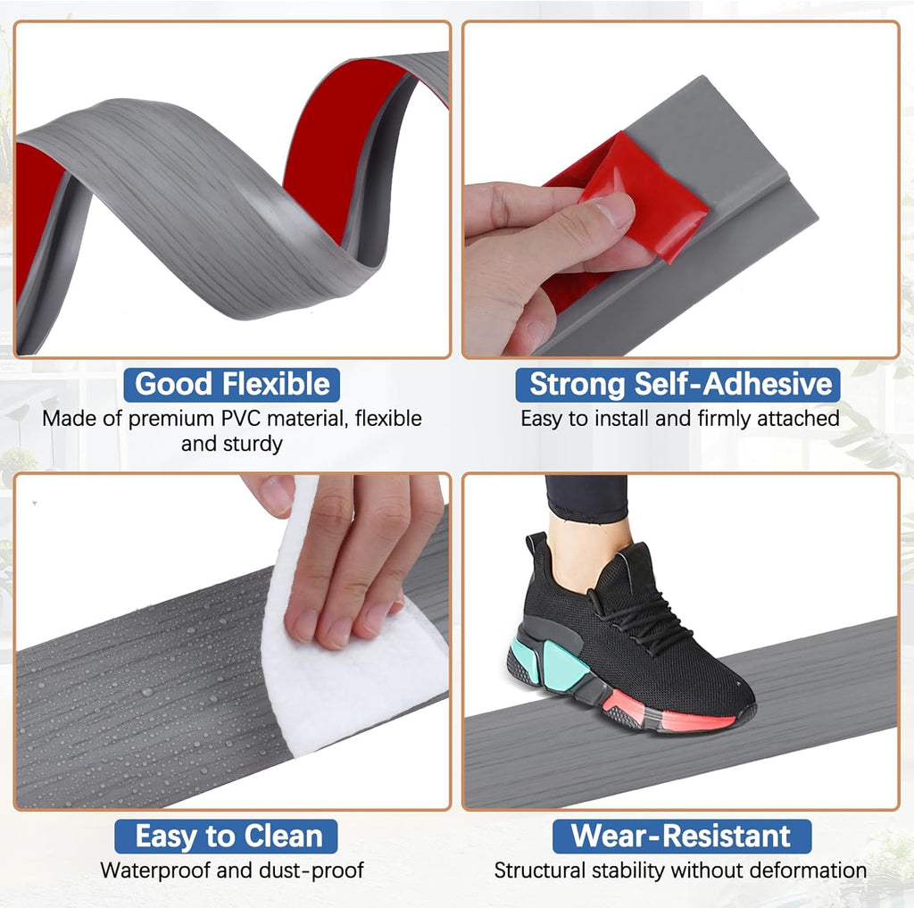 Vinyl Door Threshold Flooring Transition Strip Self Adhesive Carpet Edging Strip for Laminate Doorway Edge Threshold from 2/5" to 3/5" (Light Gray Wood Grain, 6.6 Ft)