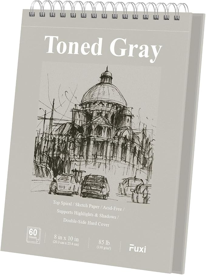Fuxi Toned Gray Sketchbook 8x10, 60 Sheets Acid-Free Drawing Paper, Spiral by SketchBook