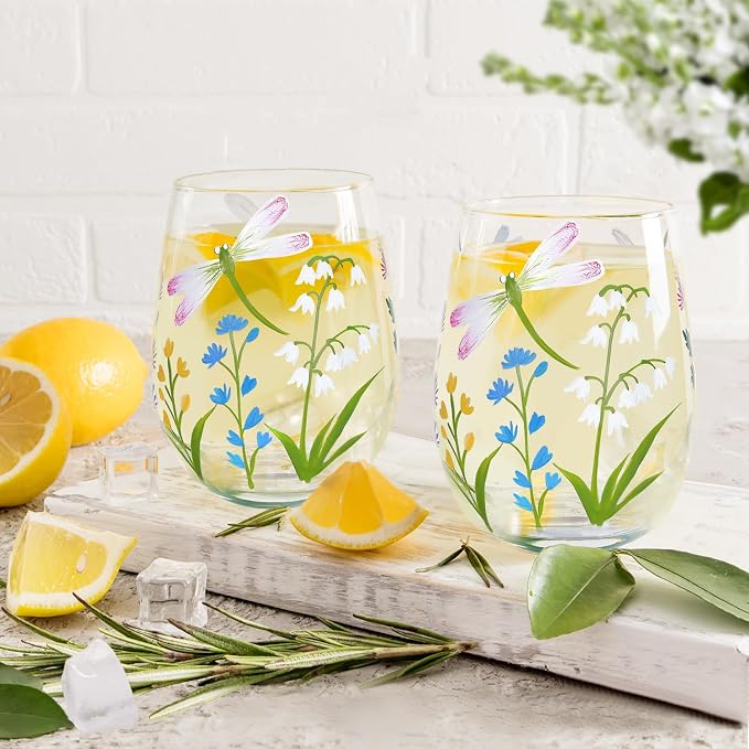 NymphFable Hand Painted Stemeless Wine Glass 18oz Set of 2 Dragonfly Flowers - Image 3