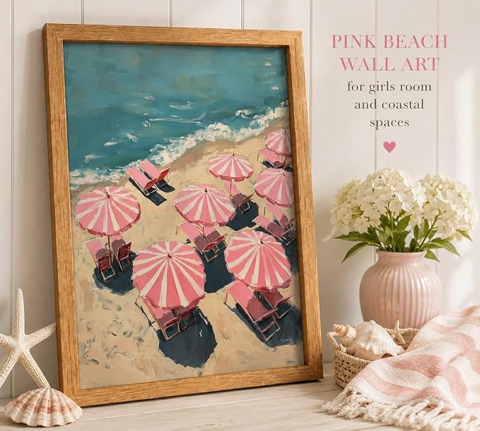Framed Pink Beach Umbrella Canvas Wall Art, Ocean Seaside Wall Decor, Modern - Image 2