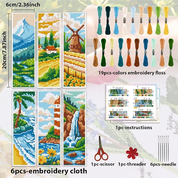 ACRNIGHEET 6pcs Cross Stitch Bookmark Kits, Landscape DIY Cross Stitch Bookmarks - Image 2