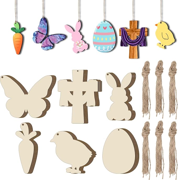 48Pcs Paintable Wooden Easter Ornaments Unfinished Wood Cutouts by Tmflexe