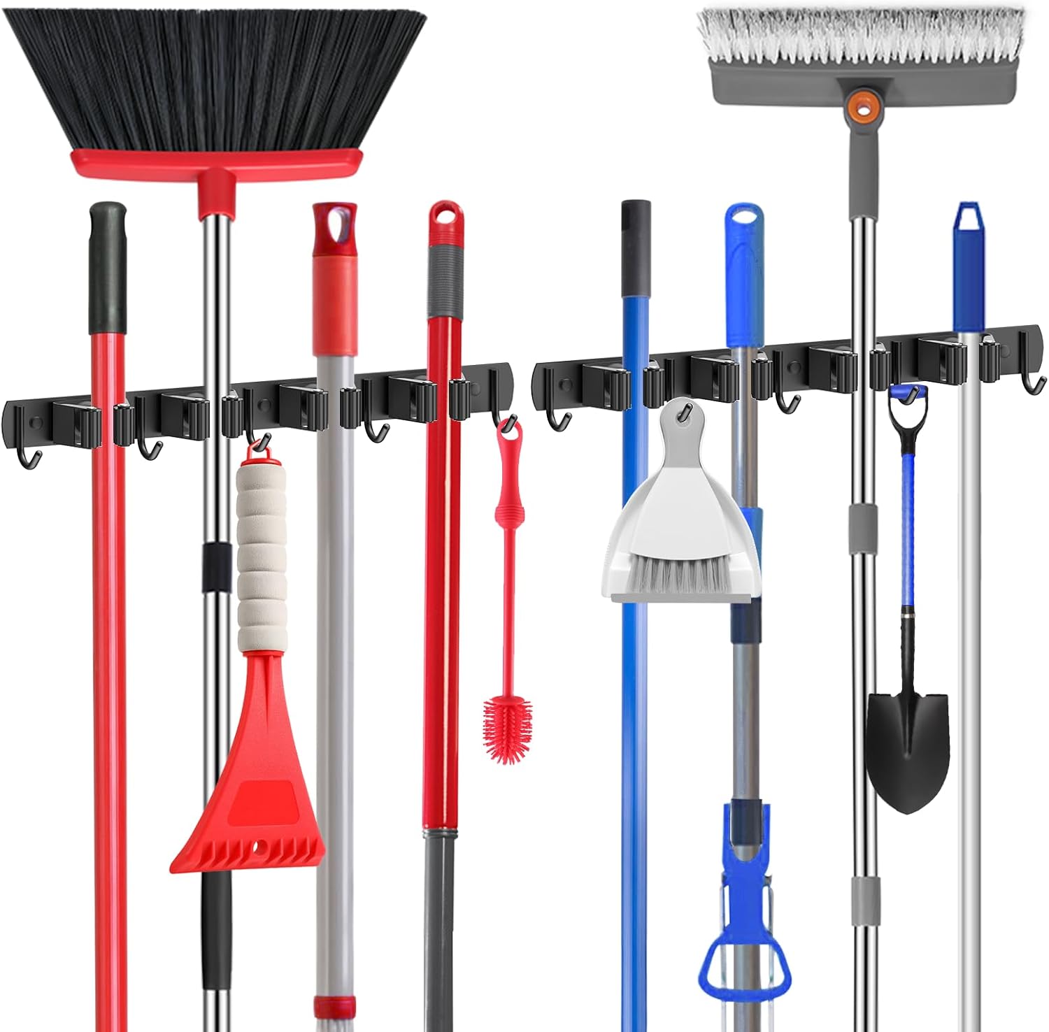 nacena Broom holder Wall Mount, 2-Pack Black Stainless Steel Self-Adhesive Mop and Broom Hooks Heavy Duty Broom and Mop Storage Rack laundry room organization for Kitchen Garden garage