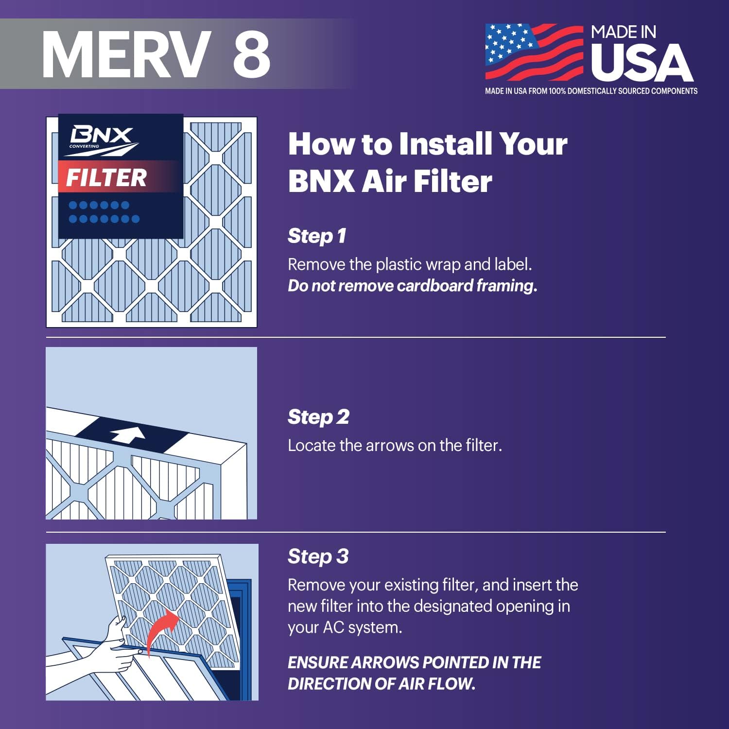 BNX TruFilter 20x24x1 Air Filter MERV 8 (6-Pack) - MADE IN USA – Dust & Pet Defense Electrostatic Pleated Air Conditioner HVAC AC Furnace Filters for Dust, Pet, Mold, Pollen MPR 600 – 700 & FPR 5