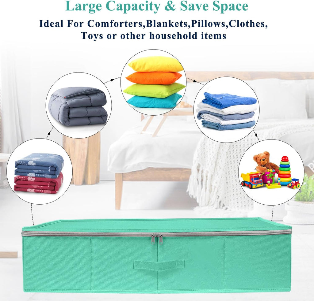 punemi 2-Pack Under Bed Storage Containers, 6.7 Inches Tall Underbed Clothes Storage Organizer Bin with Sturdy Sidewalls/Bottom, Underbed Storage Bins 2 Storage Thin Bins with Handles, Teal Blue