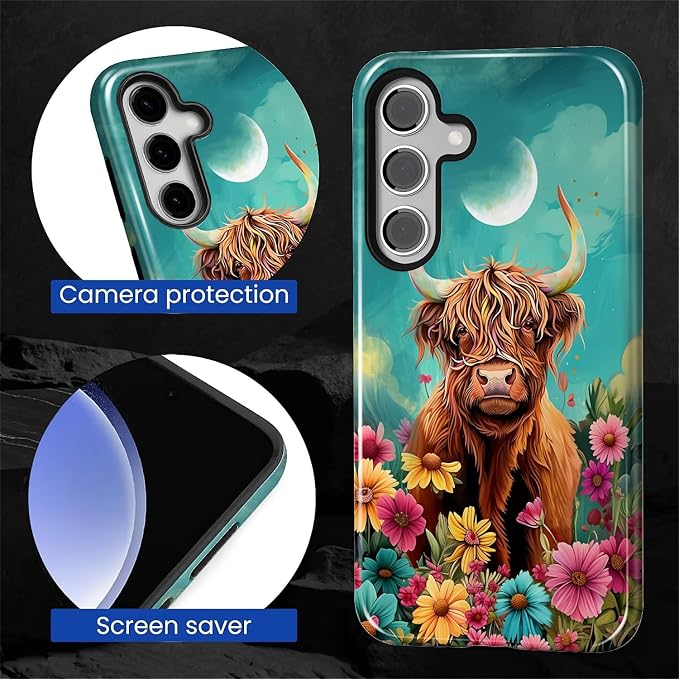 for Samsung Galaxy S25 Case, Highland Cow Flower Pattern Glossy 2 in 1 - Image 6