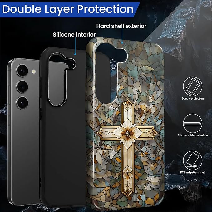 for Samsung Galaxy S23 Plus Case, Christian Cross Stained Glass Pattern Glossy - Image 3
