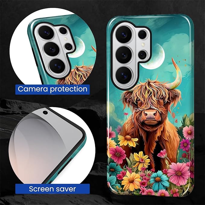for Samsung Galaxy S26 Ultra Case, Highland Cow Flower Pattern Glossy 2 in 1 - Image 5