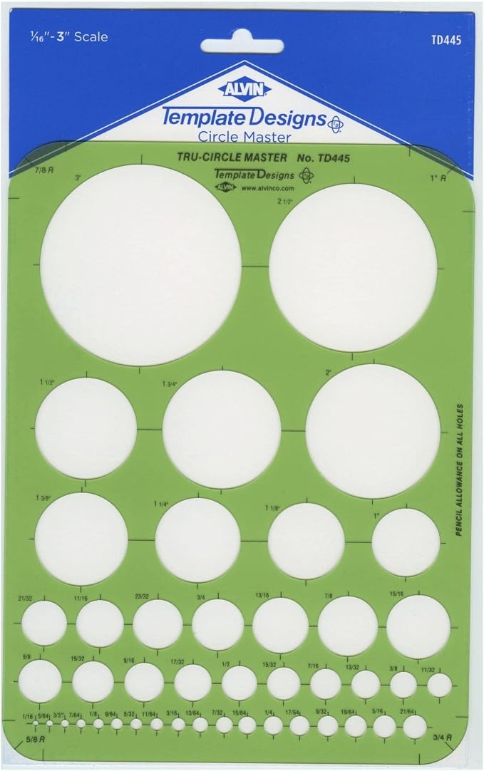 Alvin, Circle Guide Template, 44 Circles, 7 inches x 9.25 inches x .030 inches by Alvin
