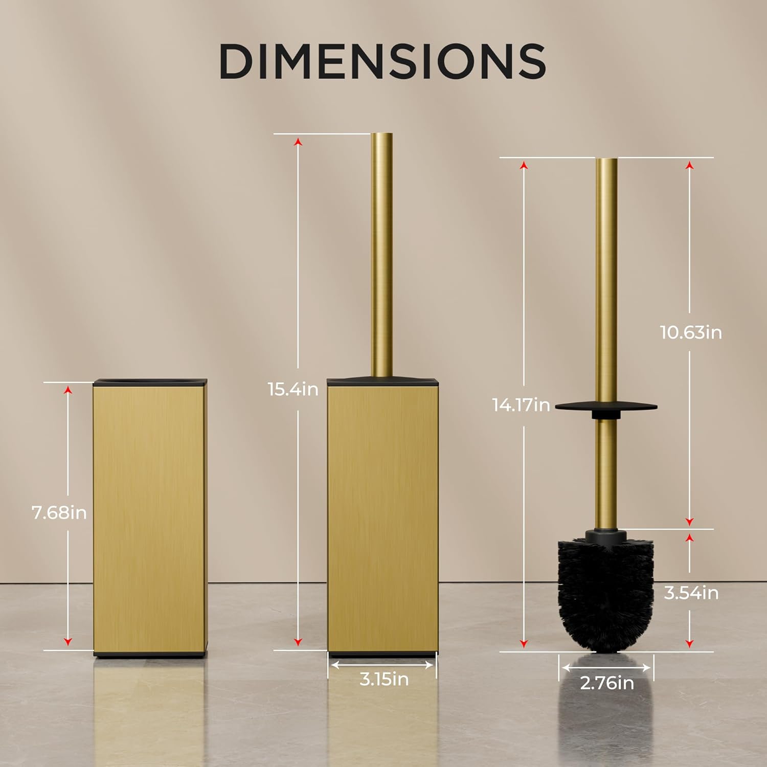 FORIOUS Toilet Brush and Holder Set, Heavy Duty 304 Stainless Steel Base Square and Long Handle for Bathroom Deep Cleaning, Drip-Proof, Space Saving for Storage, 2 Toilet Bowl Brush Head, Dark Gold