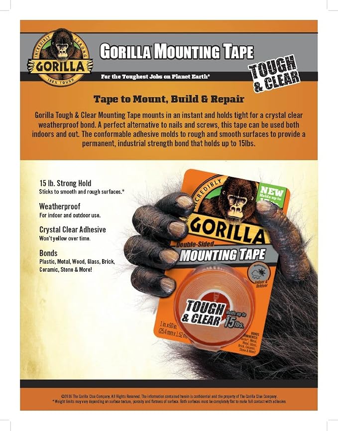 Gorilla Tough & Clear; Double Sided Mounting Tape; Weatherproof; 1" x 60"; - Image 3