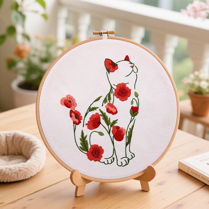 Crafmanoe Cat Embroidery Kits for Beginners Adults, Flowers Embroidery Starter - Image 8