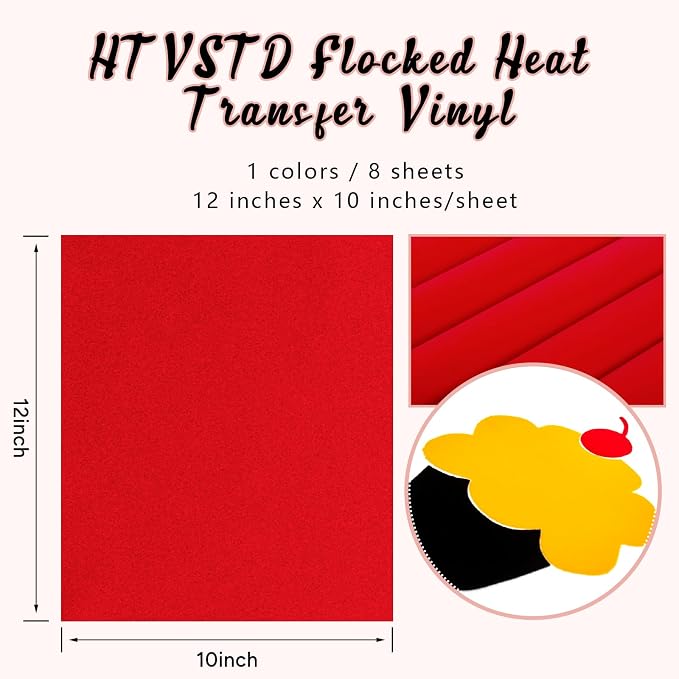 HTVSTD Red Flock HTV Heat Transfer Vinyl 8 Sheets 12×10in Iron on Vinyl | - Image 2
