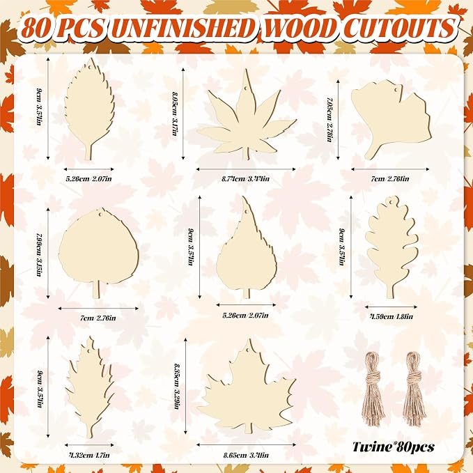 Subacy 80 PCS Unfinished Wood Cutouts 8 Styles DIY Wooden Crafts, Autumn Maple - Image 2