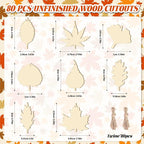 Subacy 80 PCS Unfinished Wood Cutouts 8 Styles DIY Wooden Crafts, Autumn Maple - Image 2
