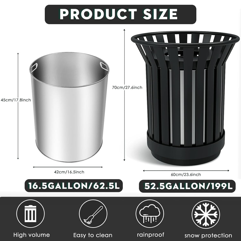 Round Heavy Duty Outdoor Trash Can, Large Metal Slatted Garbage Can for All Weather Resistant, Commercial Garbage Cans, Waste Receptacle in Park, Beach, Patio (Black, Large)