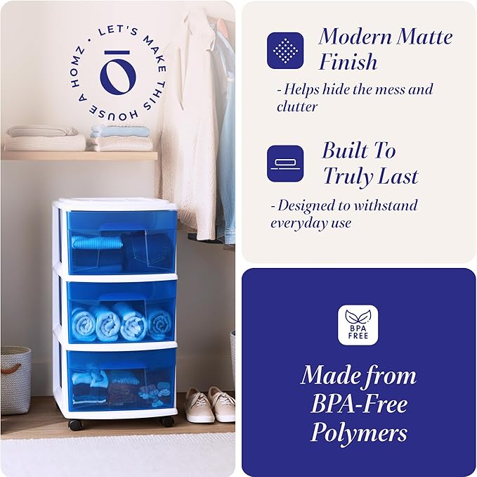 HOMZ Drawer Tower, 3-Tier Clear Blue Plastic Storage Organizer Cart, and - Image 4
