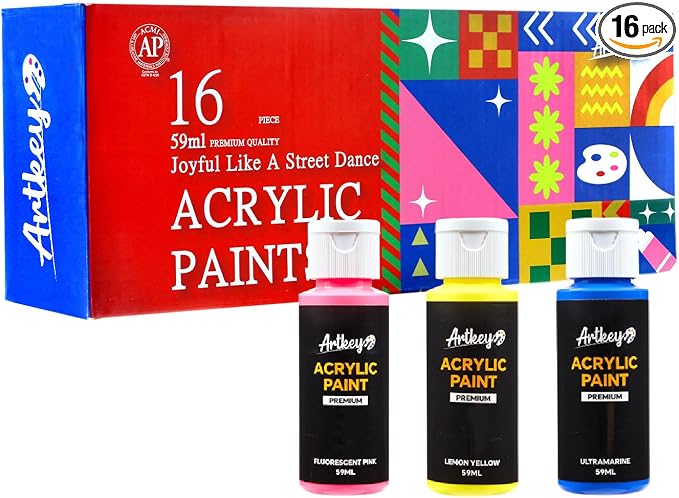 Artkey Acrylic Paint Set, 16 Colors 2 oz/59 ml Acrylic Paint Kit by Artkey