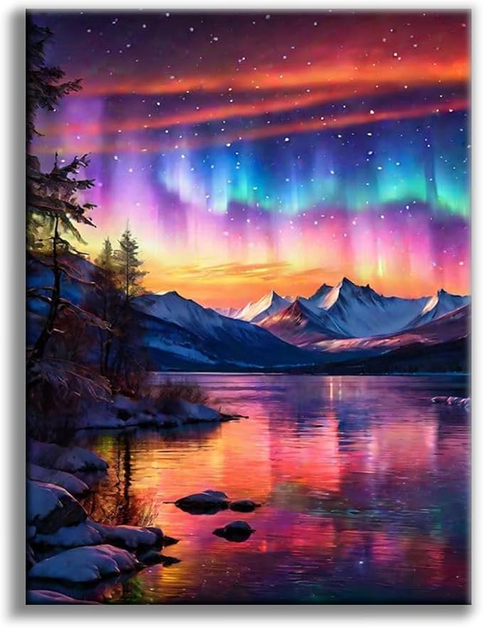 Offito Aurora Diamond Art Kits for Adults, 5D Starry Sky Lake Diamond Painting by Offito