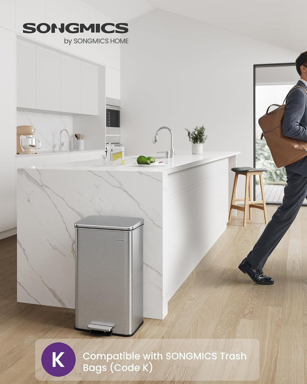 SONGMICS Kitchen Trash Can, 10.5 Gallon (40 L) Garbage Can, Large Step Trash Bin with Lid, Stainless Steel, Soft Close, 15 Trash Bags Included, Silver ULTB540E40