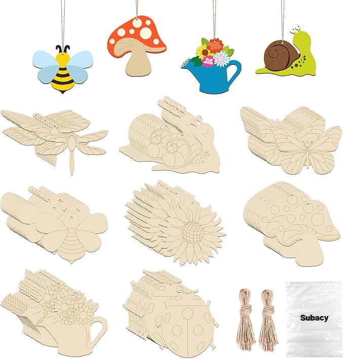 Subacy 80 PCS Unfinished Wood Cutouts 8 Styles DIY Wooden Spring Ornaments by GRADUATIONDECORATIONS