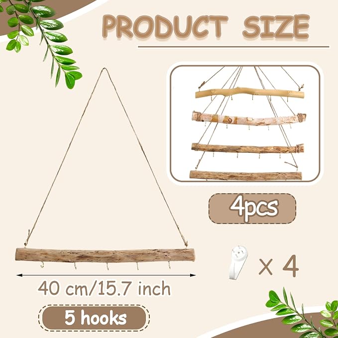4 Pcs 15 Inch Driftwood Wall Hanging Jewelry Hanger Hanging Branch Decor - Image 2