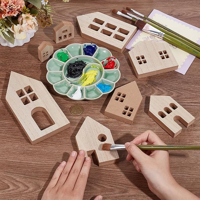OLYCRAFT 8 Piece Wooden House Blocks Blank Unfinished House Block MDF Craft - Image 3