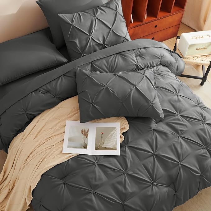 CozyLux Twin XL Comforter Set Dark Grey, 5 Pieces Twin Extra Long Pintuck Bed - Image 4