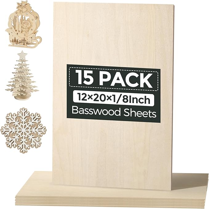 15 Pack Basswood Sheets, Smooth Surface, Uniform Thickness, No Burrs, No Warping by 3MMBasswoodForLaserCutting