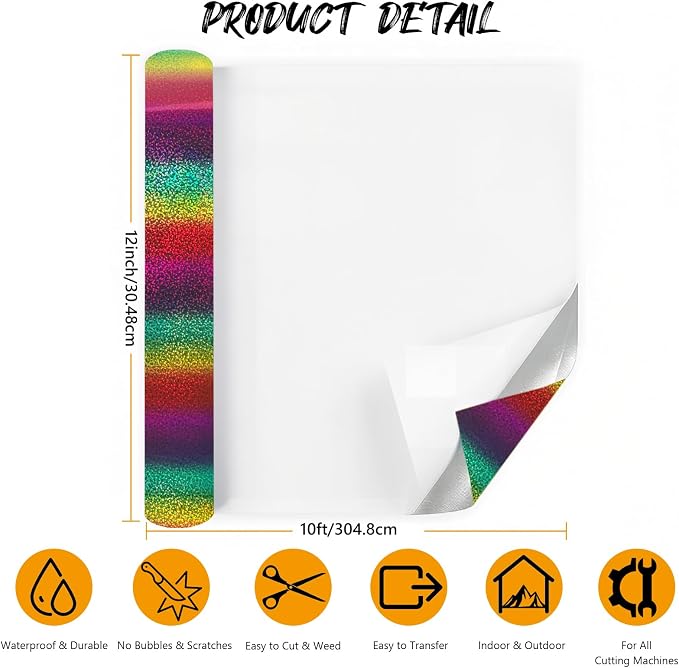 Glitter Rainbow Gradient Permanent Adhesive Vinyl 12'' x 5FT Iridescent Sparkle - Image 3