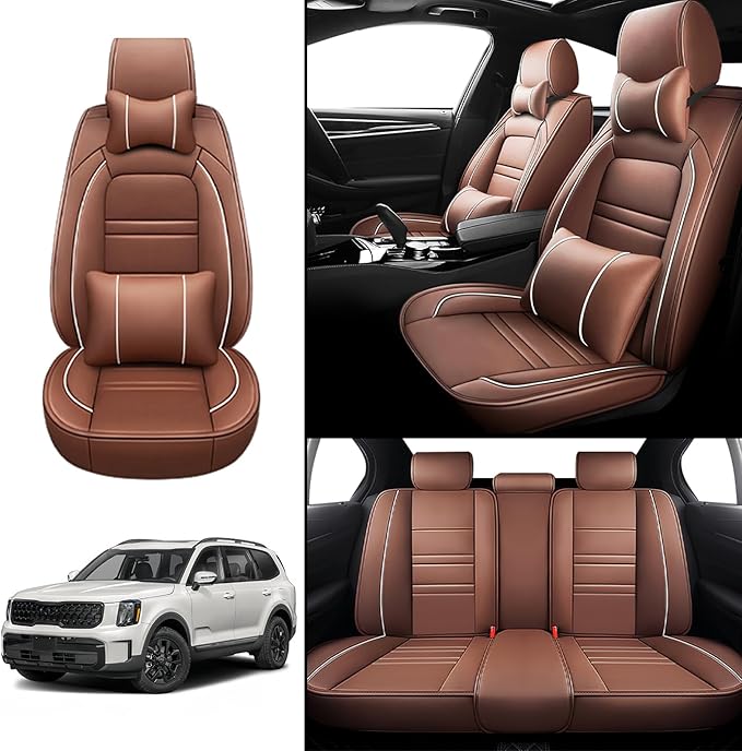 Car Seat Covers for kia Telluride 2020-2025 | 5-Seats Seat Covers, Waterproof Seat Protectors, Automotive Seat Covers (Full Set with Pillow,Coffee)