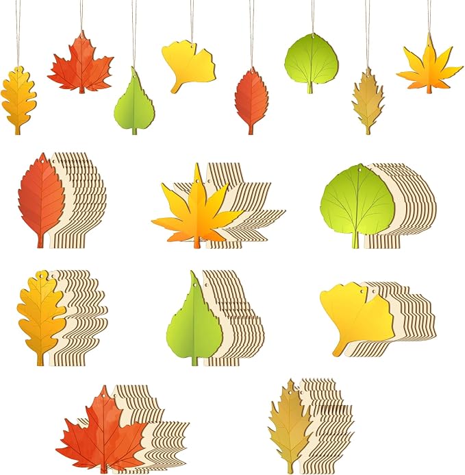 Subacy 80 PCS Unfinished Wood Cutouts 8 Styles DIY Wooden Crafts, Autumn Maple by GRADUATIONDECORATIONS