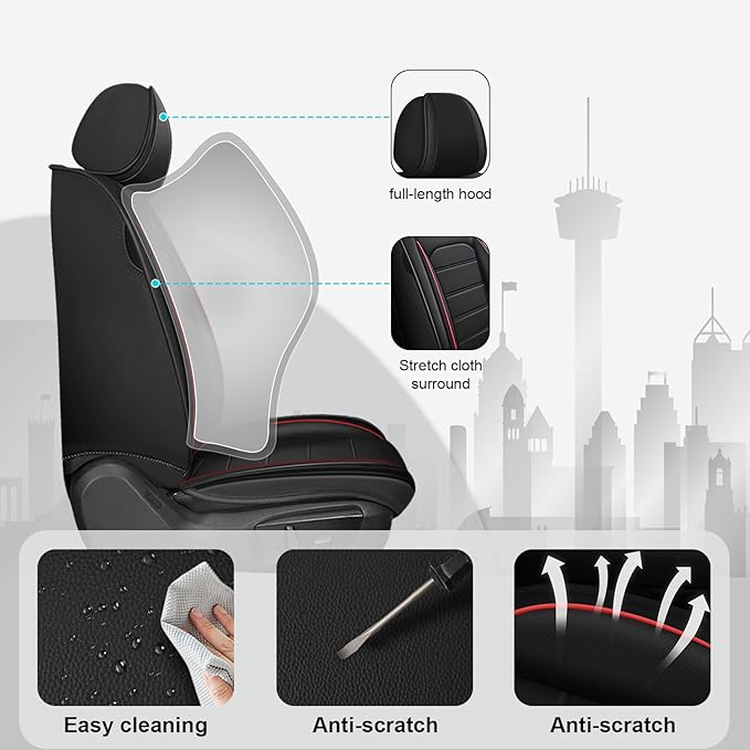 JOJ Car Seat Cover Fit for Toyota Highlander 2001-2025,7 Seat Car Seat Cover,No-Slip Waterproof Breathable Faux Leather,Full Set with Pillow Steering Wheel Covers,Black Red
