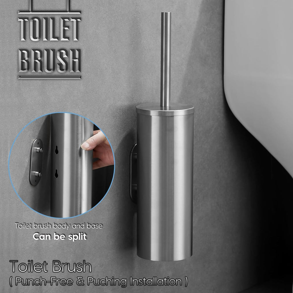 Brushed Stainless Steel Toilet Brush and Cover, No-Punch Hook Base Dual Purpose Toilet Brush Holder with Removable Inner Bucket and Splash Cover - Soft Bristles (Brushed)