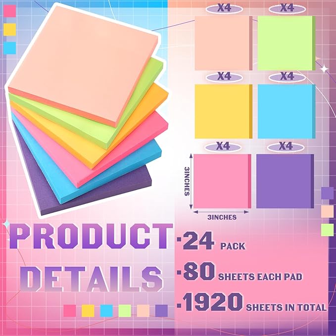 Kajaia 24 Pads Full Adhesive Sticky Notes Colorful Sticky Notes Adhesive Memo - Image 3