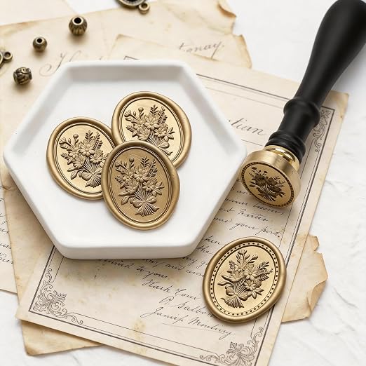 UNIQOOO 3D Relief Wax Seal Stamp, Vintage Frame Bouquet Botanical Brass Head - Image 6