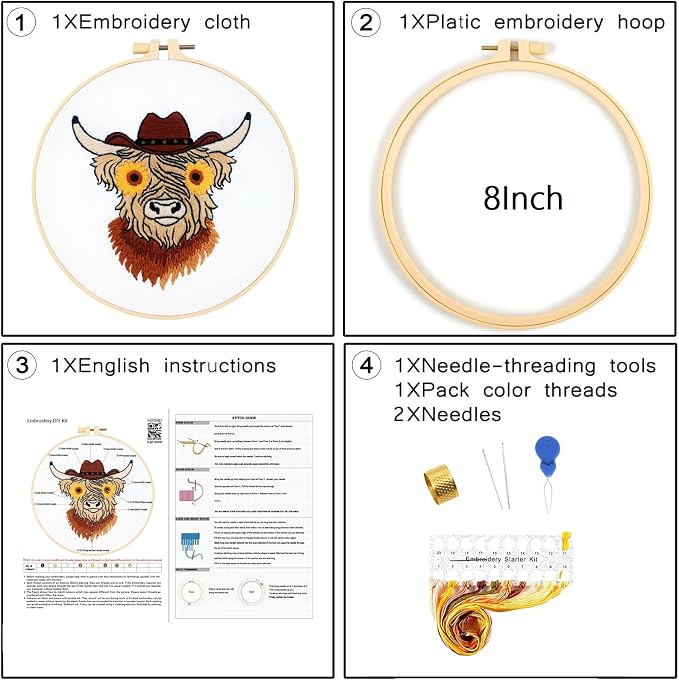 Highland Cow Embroidery Kits for Beginners Adults, Animal Hand Embroidery - Image 5