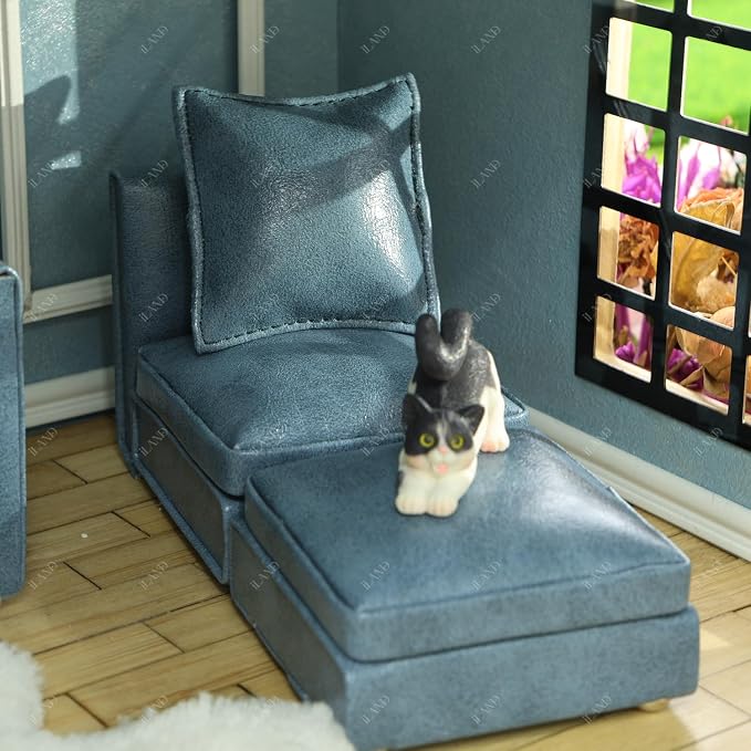 iLAND Dollhouse Furniture Sectional Dollhouse Couch Set Blue Faux Leather Sofa - Image 5