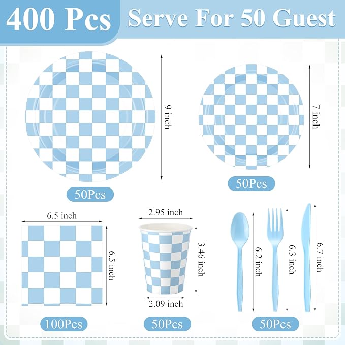 Pickmesh 400 Pcs Blue and White Checkered Party Decorations Set Light Blue - Image 3