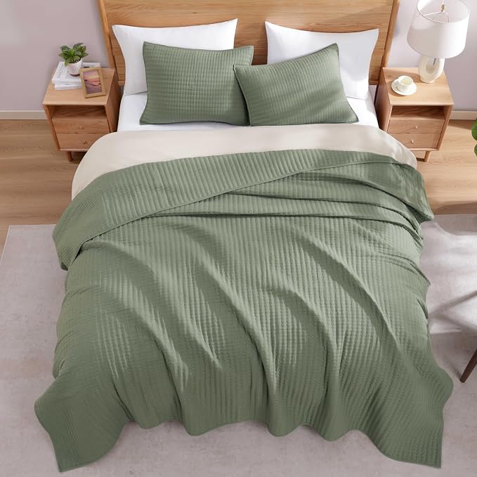 WRENSONGE King Size Quilt-3 Pieces Lightweight Bedspreads Sage Green King Quilt - Image 5