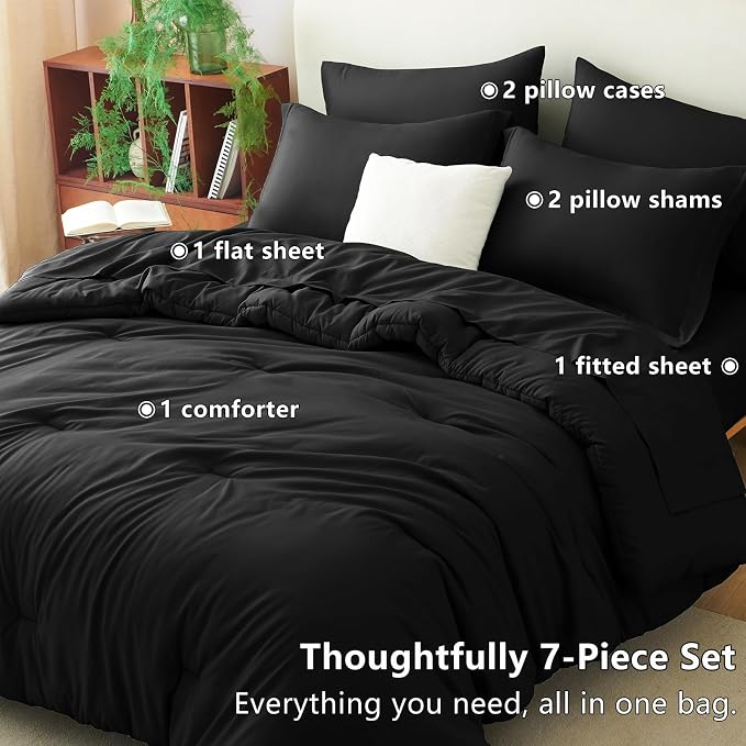 CozyLux King Comforter Set Black, 7 Pieces Bed in a Bag Soft Bedding Comforter - Image 6
