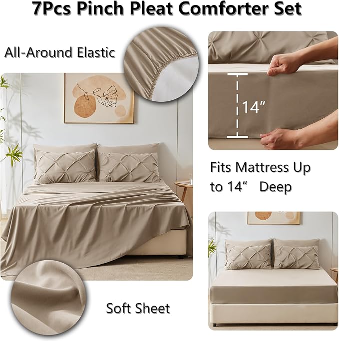 CozyLux King Size Comforter Set Khaki, 7 Pieces Pintuck Bed in A Bag Khaki - Image 4